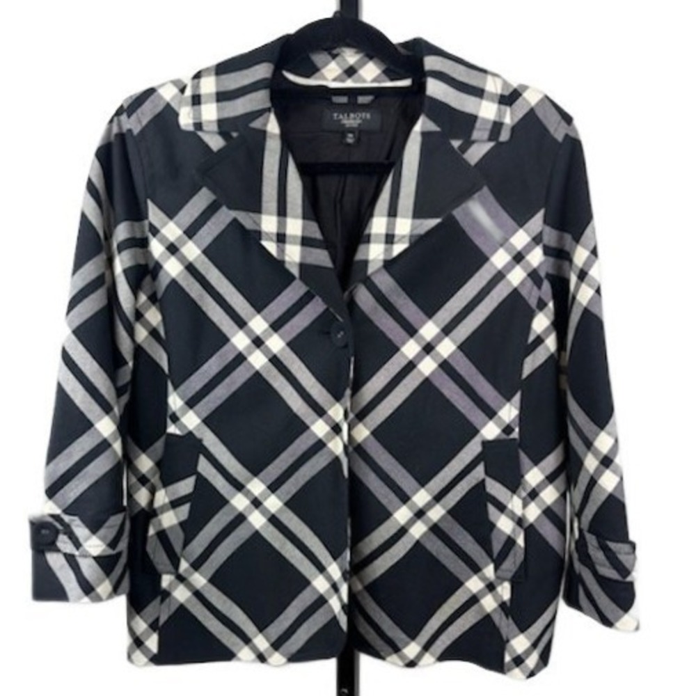 Chic‎ Talbots Plaid Blazer Jacket Black White Gray Button Front Size 14P Petite
